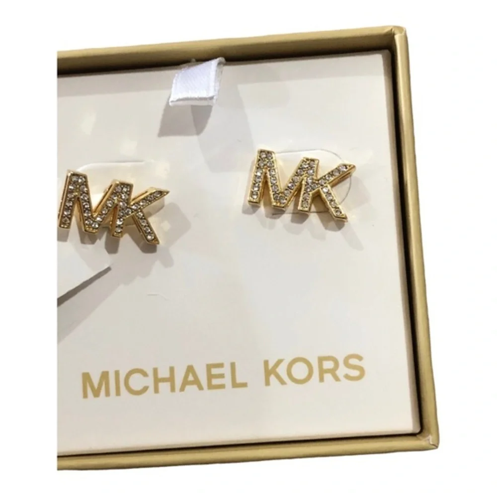 Michael Kors round crystal rhinestone embellished MK logo monogram stud earrings